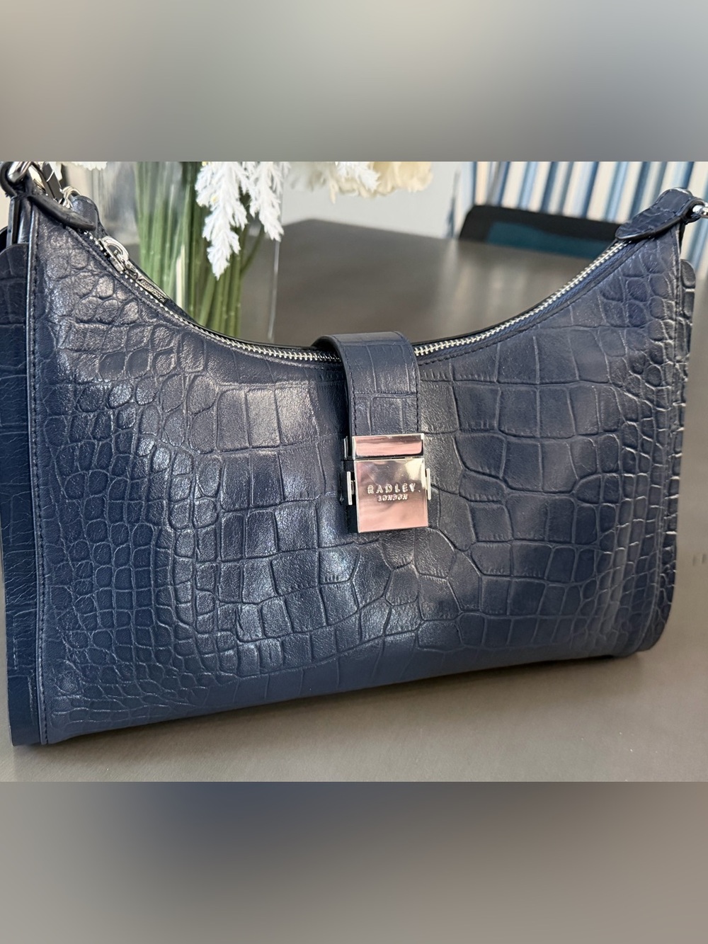 RADLEY LONDON Navy Croc-Embossed Leather Shoulder Bag with Polished Lock